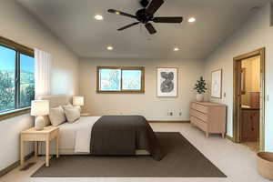 Bedroom with multiple windows, recessed lighting, light carpet, and ceiling fan