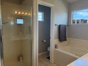 Full bath with a shower stall, light tile patterned floors, vanity, and a garden tub