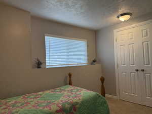 Bedroom with light carpet, a textured ceiling, and a closet