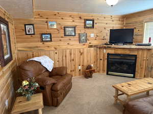 Carpeted living area with a textured ceiling, wood walls, and a fireplace