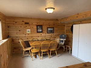 Carpeted dining area featuring a textured ceiling and wooden walls