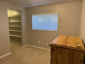 Carpeted home office featuring a textured ceiling and baseboards