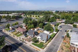 Aerial view of residential area with a mountain backdrop