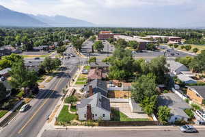 Aerial view of residential area with mountains