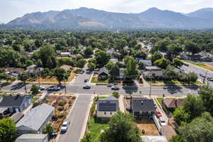 Aerial perspective of suburban area with mountains