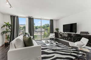 Living area featuring plenty of natural light, wood finished floors, rail lighting, and expansive windows