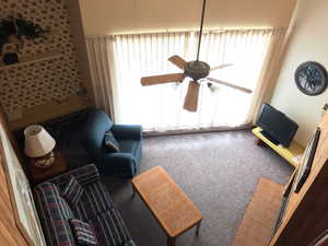 View from the Loft of carpeted living room with a ceiling fan