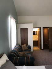 Third Level - Bedroom featuring light carpet and vaulted ceiling