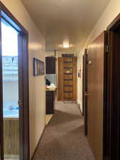 Hall featuring a textured ceiling, carpet flooring, and ladder to Loft. MBR Bath to side.