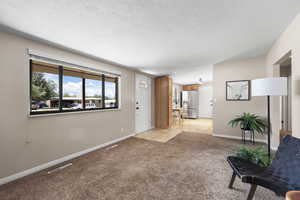 Living area with light colored carpet and a textured ceiling