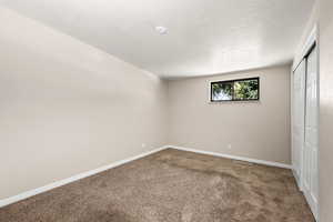 Unfurnished bedroom featuring carpet, a closet, and a textured ceiling