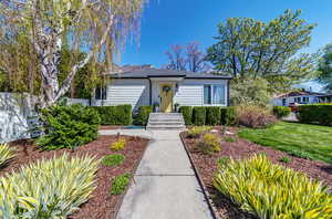 View of front of home featuring a shingled roof and a front lawn