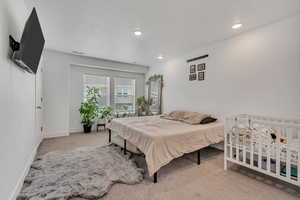 Carpeted bedroom featuring recessed lighting