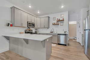 Kitchen with appliances with stainless steel finishes, gray cabinetry, a peninsula, open shelves, and recessed lighting