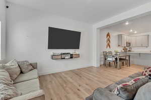 Living room featuring light wood-style flooring and recessed lighting