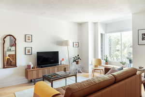Living room featuring light wood-style floors and a textured ceiling