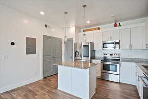 Kitchen featuring stainless steel appliances, a center island, light stone counters, dark wood finished floors, and recessed lighting