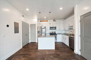 Kitchen with stainless steel appliances, light stone counters, a kitchen island, white cabinetry, and electric panel
