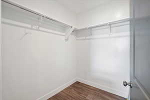 Walk in closet with dark wood finished floors