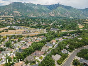 Aerial view of residential area with mountains
