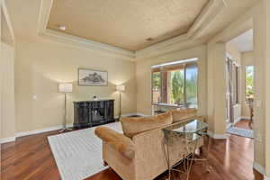 Living area featuring a tray ceiling, wood finished floors, a textured ceiling, and a wood stove