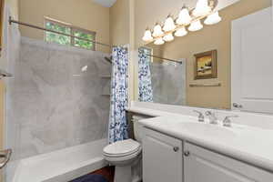 Bathroom with vanity, a shower with curtain, and wood finished floors