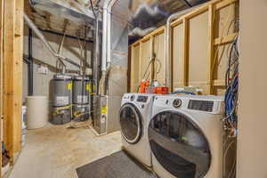 Laundry room featuring washer and dryer, secured water heater, and heating unit