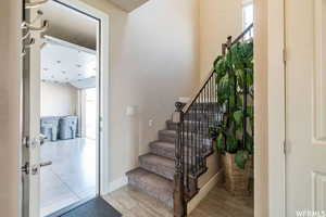 Staircase featuring plenty of natural light and wood finished floors