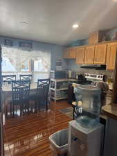 Kitchen featuring appliances with stainless steel finishes, dark wood-style floors, a textured ceiling, recessed lighting, and under cabinet range hood