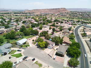 Aerial view of residential area with a mountain backdrop