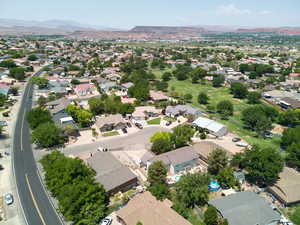 Aerial perspective of suburban area with mountains