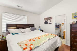 Carpeted bedroom featuring vaulted ceiling