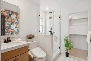 Bathroom featuring vanity, a spacious closet, and a shower stall