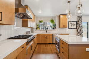 Kitchen with ventilation hood, light countertops, light wood finished floors, decorative backsplash, and appliances with stainless steel finishes