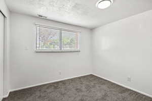 Carpeted empty room with baseboards and a textured ceiling