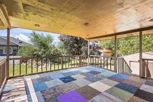 Wooden deck with an outbuilding