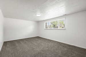 Empty room featuring dark colored carpet and a textured ceiling