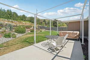 Fenced backyard featuring a patio area and a hot tub