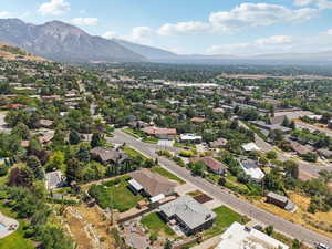 Aerial view of residential area with mountains