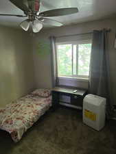 Carpeted bedroom featuring ceiling fan and a baseboard heating unit