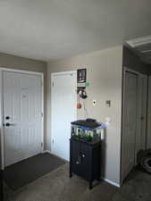 Carpeted foyer with baseboards and a textured ceiling