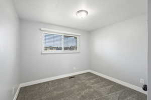 Empty room with dark colored carpet and baseboards