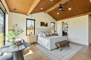 Bedroom with wooden ceiling, wood finished floors, recessed lighting, and a ceiling fan