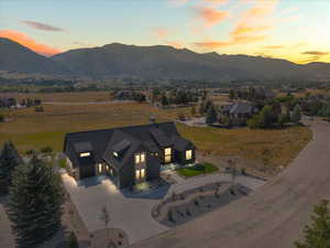 Aerial view at dusk of a mountain view