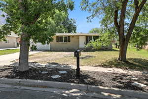 Ranch-style house featuring concrete driveway, a front lawn, and a garage