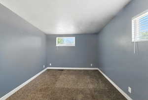 Bedroom with dark colored carpet and lofted ceiling