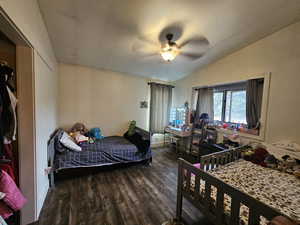 Bedroom featuring wood finished floors, lofted ceiling, and a ceiling fan
