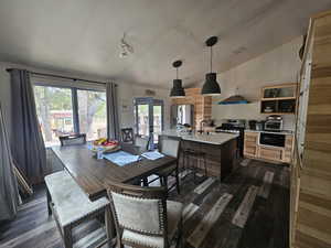 Dining room featuring dark wood finished floors, french doors, plenty of natural light, and lofted ceiling
