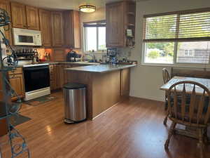 Kitchen featuring electric range oven, a peninsula, light wood finished floors, and white microwave