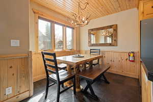 Dining space featuring wood ceiling, wainscoting, a chandelier, and wood walls
